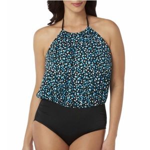 Simply Slim High Neck Blouson 1 Piece Swimsuit dots blue SIZE 2X